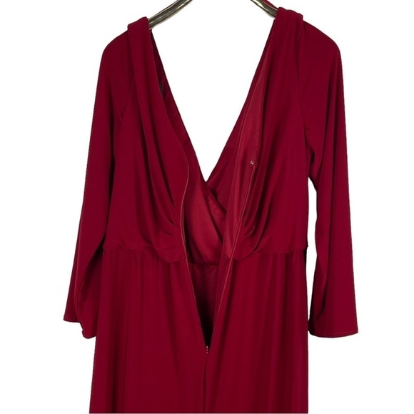 LA FEMME 29044 RED LONG SLEEVE STRETCH FAUX WRAP SURPLICE THIGH HIGH SLIT GOWN - Picture 11 of 14